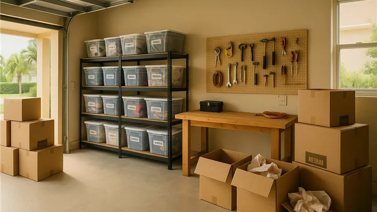 Contemporary storage room with cardboard boxes and crates.