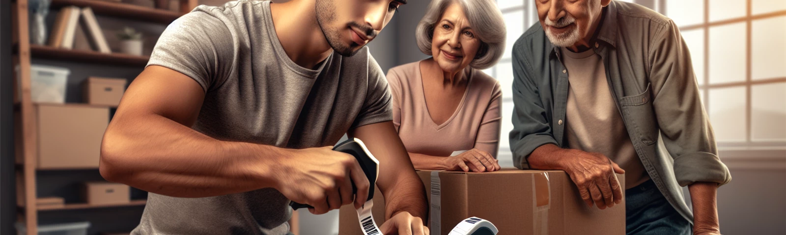 Man labeling boxes with Hand Held Label Dispenser for elderly couple