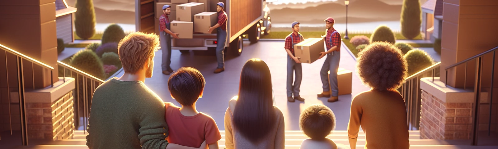 Family moving day scene with movers carrying boxes into new home