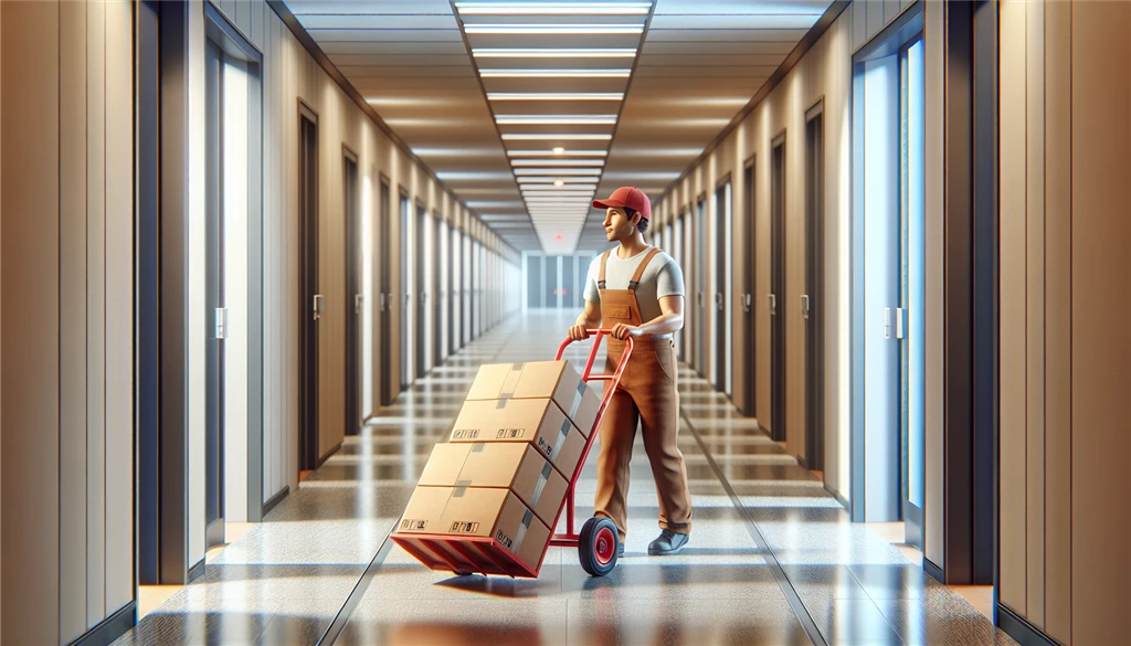 Mover using dolly to transport boxes down hallway in photorealistic style