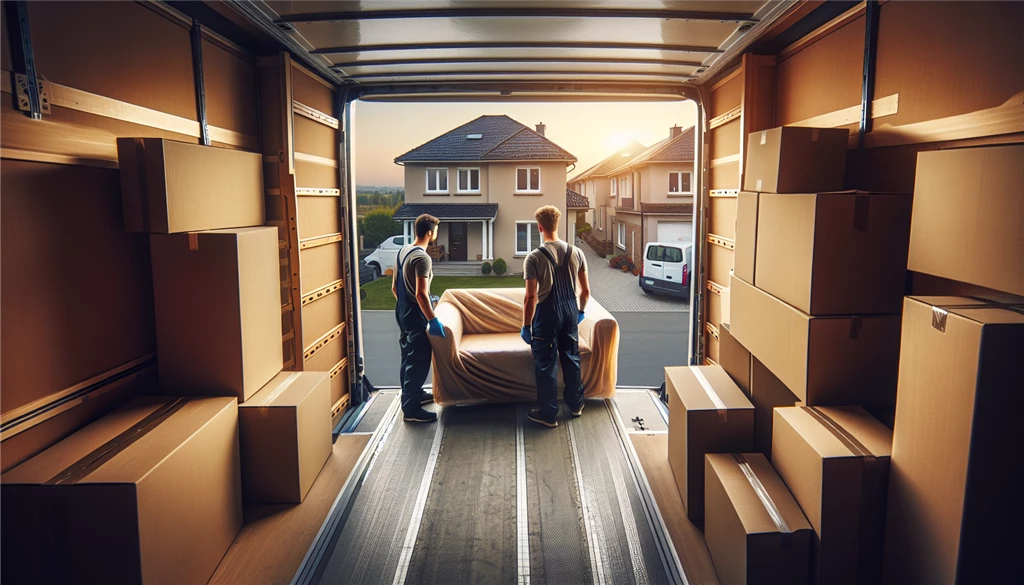 Two male movers loading a covered sofa into a moving truck with boxes stacked inside